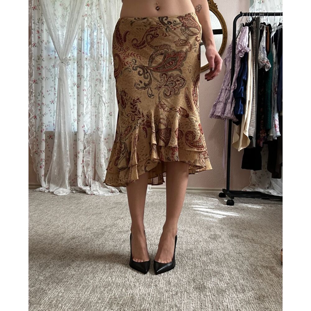 Paisley High Low Ruffle Midi Skirt Brown Tan Size M